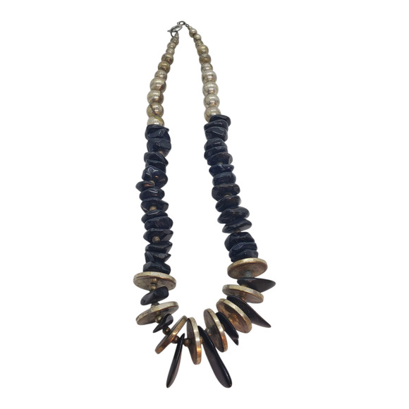 Chunky Black Onyx Statement Necklace Metal Discs Spikes Silver Plated Beads Boho - Picture 3 of 14